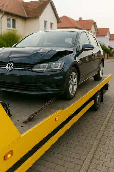 Ein defektes Auto wird beim Autoankauf in Mainz abgeschleppt, um den Verkaufsprozess zu starten.